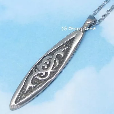 Surfboard Pewter Necklace - Silver Stainless Steel Chain Tribal Maori Charm Land • $9.99