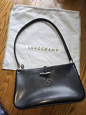 Longchamp Roseau Black Leather Vintage 1990s Handbag With Dust Cover EXCELLENT!! • $79.99