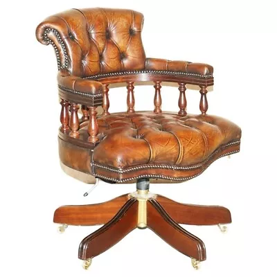 Antique Restored Cigar Brown Leather Brass Castors Chesterfield Captain Armchair • £2750