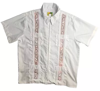 HABAND Guayabera Shirt Mens L Ivory Full Zip Short Sleeve Embroidered Pockets • $17.09