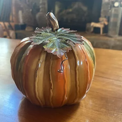 Ceramic Pumpkin With Metal Leaf And Vine Fall Decor • $10.49