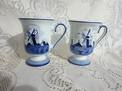 Vintage Pair Delft Blauw Pedestal Coffee Cups Windmill  • $9.98