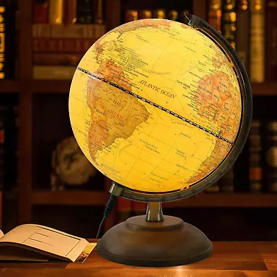 Illuminated Globe Of The World With Wooden Stand 8'' Vintage World Globe Built  • $50.62