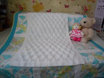 Hand Knitted Baby White Blanket DK • £11.99