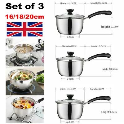 Set Of 3 Induction Non Stick Stainless Steel Cookware Kitchen Glass Lids Pot Pan • £20.99