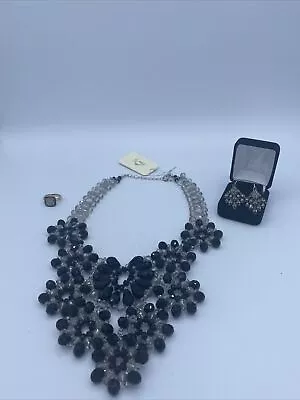 Vintage Crystal Necklace Black Smoky Beads Flower Bib Couture Runway Statement • $41.50