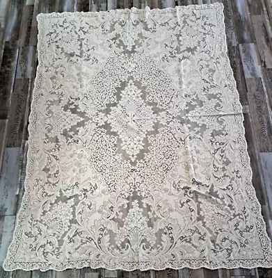 Vintage Quaker Lace Tablecloth Beige Floral Looped Edges Rectangular 72x58 • $28.99