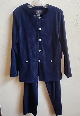 R & K Original Pant Suit Women 12 Two Piece Set Button Navy Velvet Pull On Pants • $25