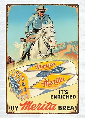 MERITA BREAD Lone Ranger TEXAS COWBOY Metal Tin Sign Brew Pub Garage Design • $18.88