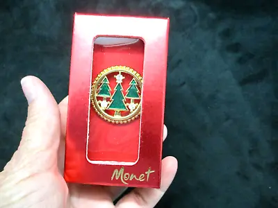 Vintage 1990's MONET Gold Tone Xmas Tree Brooch In Original Box New/Old Stock • $13.49