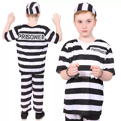 Childs Prisoner Costume Kids Fancy Dress Unisex Black White Convict Cops Robbers • £11.99