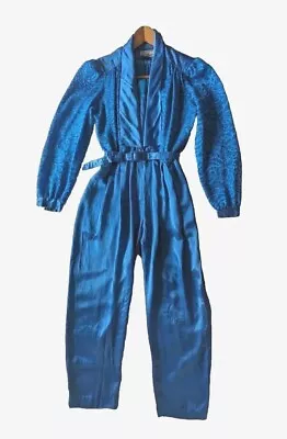 Vintage ALGO 1980s Style Jumpsuit Blue Satin Trousers Top Silk Net Sleeves 12 • £85