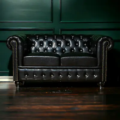 Brand New Black Chesterfield 2 Seater Sofa Oil PU Leather W/ Crystal Diamanté • £645