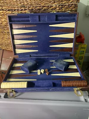 Vintage 18 X 23 Inch Large Tournament Backgammon Set Brown White Blue Velvet • $100
