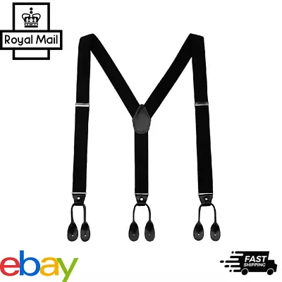 Mens Braces Y Shape 35mm Heavy Duty Adjustable Suspenders Button Braces Black Uk • £6.65