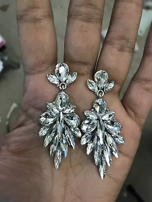 2.4” Long Silver Clear White Drop Austrian Crystal Pageant Earrings • $14