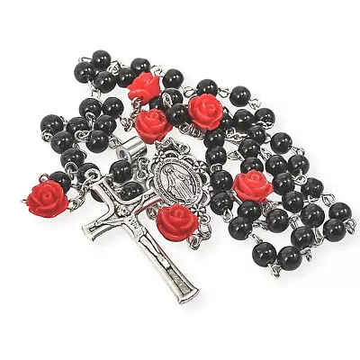 Black Pearl Rosary Beaded Chaplet Red Roses Beads Lourdes Medal & Cross 20  • $12.94