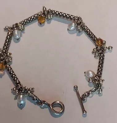 MICHAEL DAWKINS Citrine & PEARL Dangle BRACELET Marked 925 Silver 8  • $110