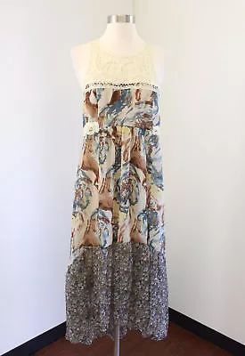 A'reve Abstract Floral Print Hi Lo Midi Maxi Dress Sz M Crochet Neck Sleeveless • $19.99