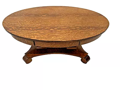 Antique Oval Coffee Table Solid Oak Top Center Drawer Bottom Shelf Empire Style • $2295