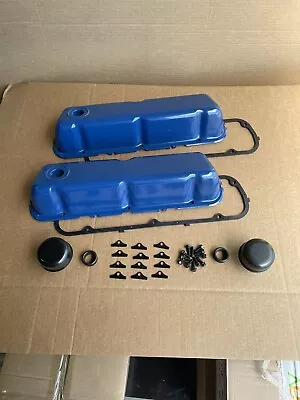 Ford SB 289 302 351 W  Steel Valve Covers Ford Blue New Gasket + Grade 8 Bolts • $94.75