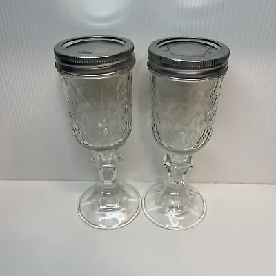 Lot Of 2︱Mason Jar Glasses︱Wine Stem︱With Lids︱Glass • $18.99