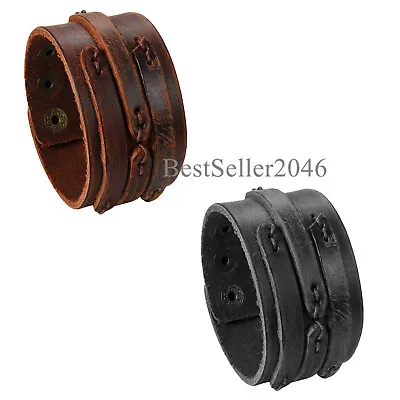 Mens Handmade Genuine Vintage Wide Leather Wrist Cuff Wrap Bracelet Adjustable • $8.99