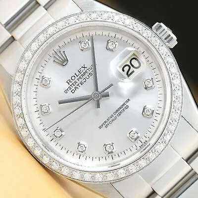 Mens Rolex Datejust Silver Diamond 18k White Gold Bezel & Stainless Steel Watch • $5299