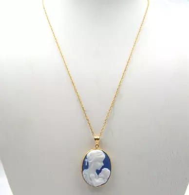 JCM Signed BLUE & WHITE 10K Gold MOTHER AND CHILD CAMEO PENDANT / Necklace • $129.99