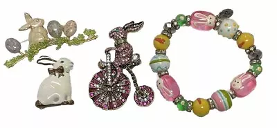 Easter Bunny Rabbit Jewelry Lot Pin Brooch Art Glass Bracelet • $29.99