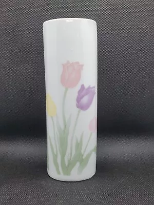 Vintage FTD Especially For You White Vase Pink Purple Yellow Tulips 7in 1989 Tag • $13.49