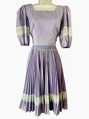 Vtg Rockabilly CottageCore Lavendar Dress Lace Puff Sleeve Square Dance Praire • $46