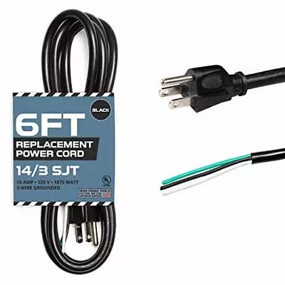 14 AWG Replacement Power Cord With Open End - 6 Ft Black Extension Cable • $13.98