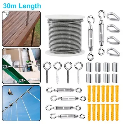 £10.49 • Buy 56PCS 30M Stainless Steel Wire Rope Cable Hooks Hanging Kit Garden Railing Roll