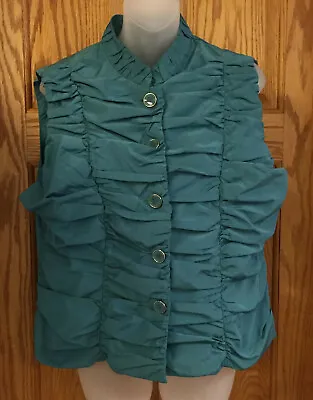 Vest Puffy Womens Aqua Green Ruched Bunched Button Up Erin London Size Large • $12.99