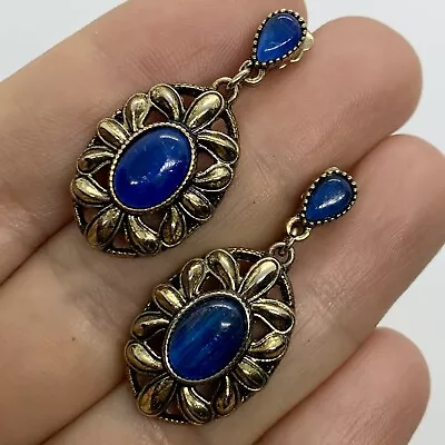 Vtg Jelly Blue Glass Cabochon Gold Openwork Oval Dangle Earrings Post Pierced  • $14.95