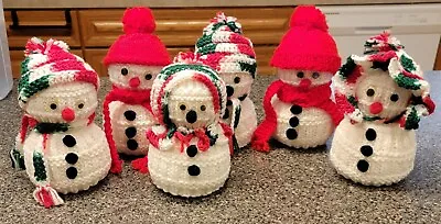 Vintage CHRISTMAS Hand Crafted SNOWMAN Crochet YARN Figurines Lot Of 6 • $47.99