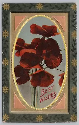 Stecher~Best Wishes~Beautiful Tall Dark Red Flowers~Bordered~Emb~Vintage PC • $2.70