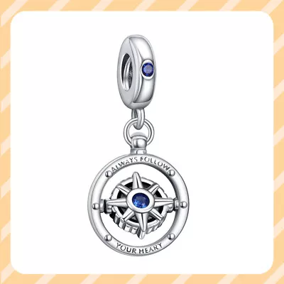 Spinning Compass Dangle Blue CZ Charm 925 Sterling Silver Women Bracelet Charm • $15