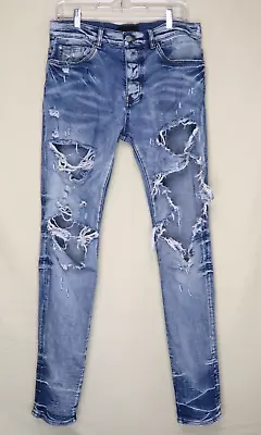 Amiri Jeans Mens 32x31 Skinny Light Wash Leather Logo Distressed Denim Thrashed • $200