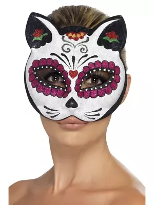 Masquerade Sugar Skull Cat Glitter Eyemask Day Of The Dead Costume Accessory • $9.05