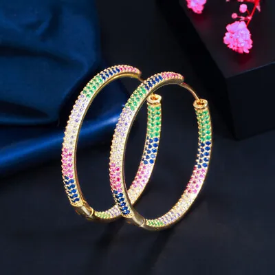 Women Gold Plated Multicolor Cubic Zircon Micro Paved Round Circle Hoop Earrings • $9.39