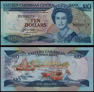 EAST CARIBBEAN STATES 10 DOLLARS (P23v1) N. D. (1985-93) QEII SUFFIX V UNC • £165