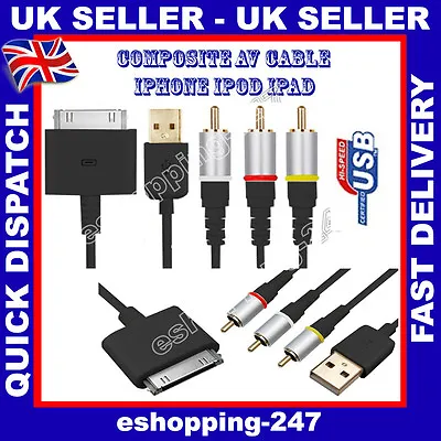 RCA Composite AV Video To TV USB Charger Black Cable For IPhone 3 / 4 IPad 2 3 • £3.83