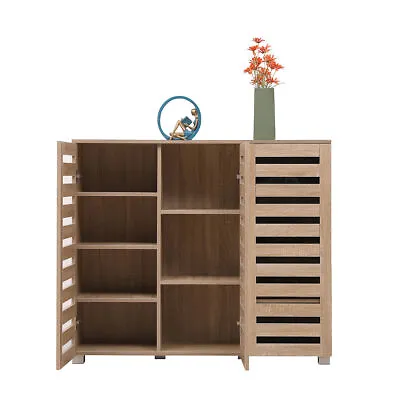 Oak 3 Door Wooden Shoe Storage Unit Cabinet Rack Stand Cupboard Slatted Doors UK • £129.90