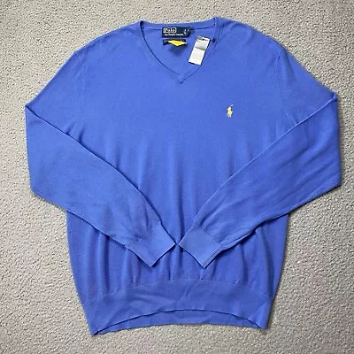 NWT Polo Ralph Lauren Sweater Mens XL Blue V Neck Cotton Cashmere Pullover READ • $39.99