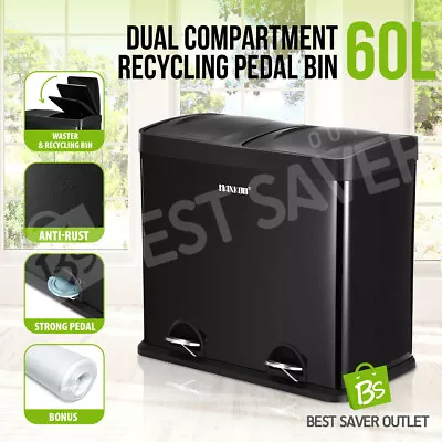 60L Dual Compartment Pedal Bin Kitchen Recycling Waste Bins Coated Steel Black • $139.79