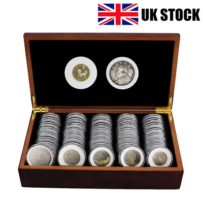 50PCS 46MM Coins Capsules Storage Display Box W/ Wooden Case Holder Collections • £18.98