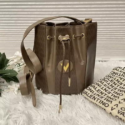 Mario Valentino Vintage Signature Monogram Leather Mini Drawstring Bucket Bag • $289.99