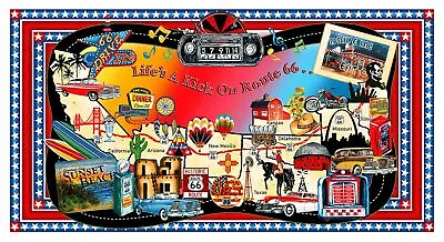 Fabric~ROUTE 66 LIFE'S A KICK Panel ~ Blank Quilting~USA Map Retro Cars • £10.69